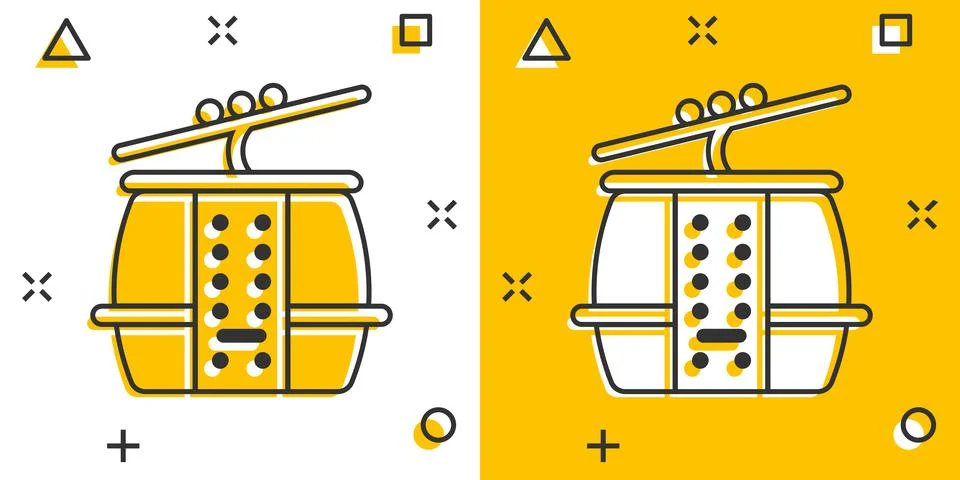 Cable car icon in comic style. Elevator cabin cartoon vector illustration on  Illustrazione stock