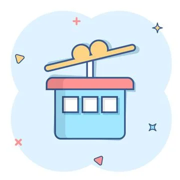 Cable car icon in comic style. Elevator cabin cartoon vector illustration on  Illustrazione stock