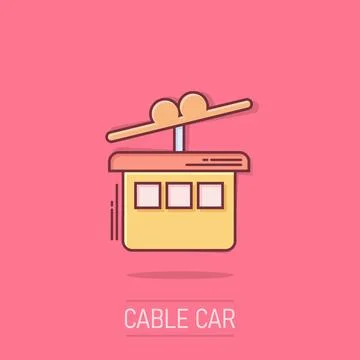 Cable car icon in comic style. Elevator cabin cartoon vector illustration o.. Illustrazione stock