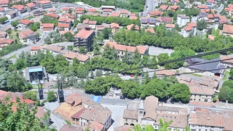 Cable car to the mountain station on Mount Titano in San Marino. Fortress of San Stock Footage 134133258
