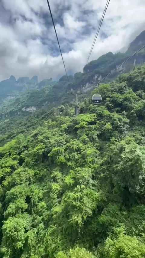Cable car moving above lush green mountain forest in summer timelapse Stock Footage 337648418