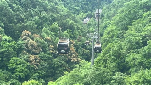 Cable car moving above lush green mountain forest. Video stock 337649425
