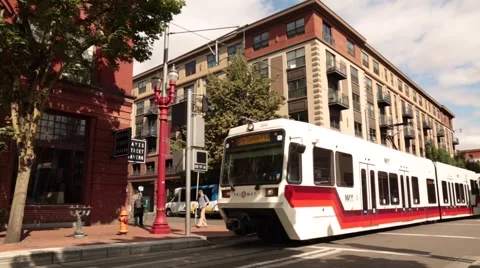 Cable car moving downtown Portland Stock Footage