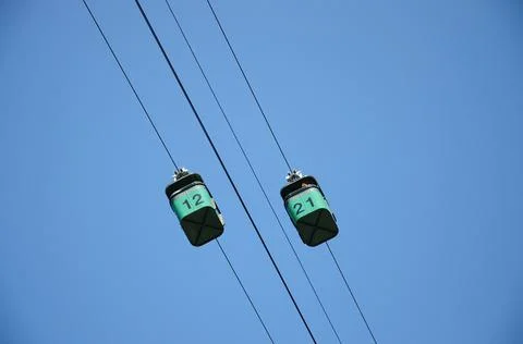 Cable car with numbered cabins over Balboa Park in San Diego, California Фото