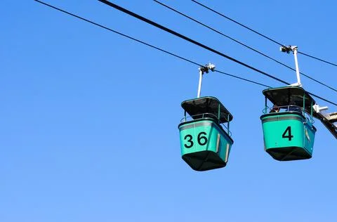 Cable car with numbered cabins over Balboa Park in San Diego, California. Stock Photos