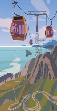 Cable car overlooking the sea. Vector. Illustrazione stock