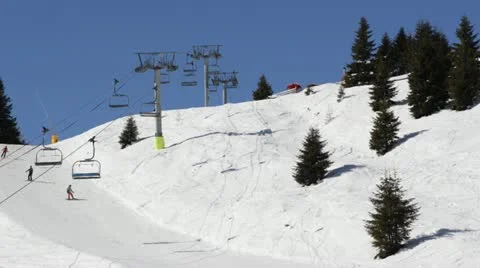 Cable Car Passing Going Over Fir Trees Snowed Slope Skiers Enjoy Skiing Nature Stock Footage 22024770