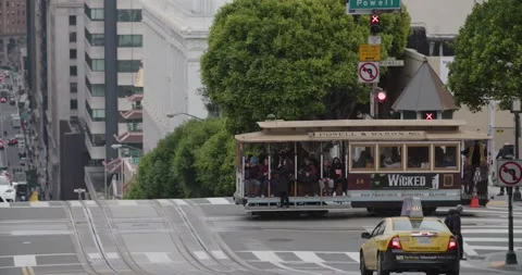 Cable Car Passing Through in Downtown San Francisco with LUT Stock Footage 131368107