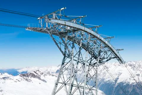 Cable Car Pillar In Winter Mountains, Austria Stock Photos