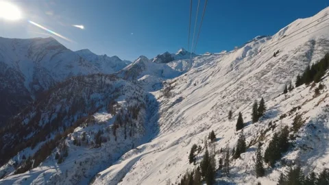 Cable Car Ride to Kaprun Glacier in Sunny Winter Ski Resort in Snowy Alps Stock Footage 324575486