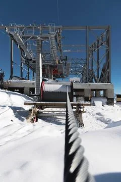 A cable car station under construction high in the mountains in winter. Fo... Stock Photos