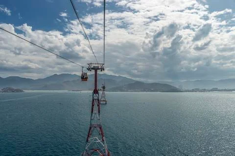 Cable car through the strait with cabins moving at a height, Stock Photos
