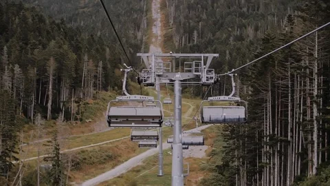 Cable car with a view of the forest. A funicular in the mountains. Cableway. Stock Footage 315785551