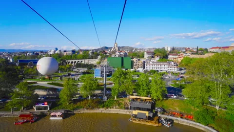Cable car view over Rike Park and the Kura river, Tbilisi Video stock 345098316