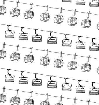 Cable cars and mountains pattern for kids wear. Vector graphic line seamless Stock Illustration