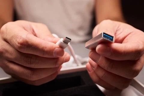 Cable to connect USB Type C devices to the USB port on your computer or laptop Stock Photos