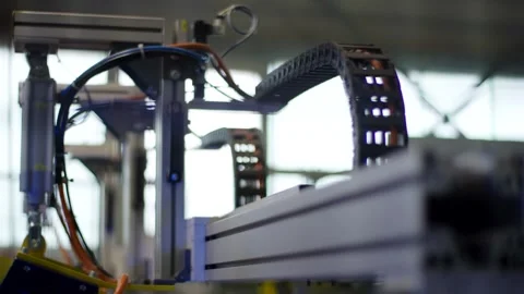 Cable Drag Chain Guiding Wires on Linear Axis, Industrial Machine, Detail Shot Stock Footage 341301189
