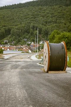 Cable drum during road construction Stock-Fotos
