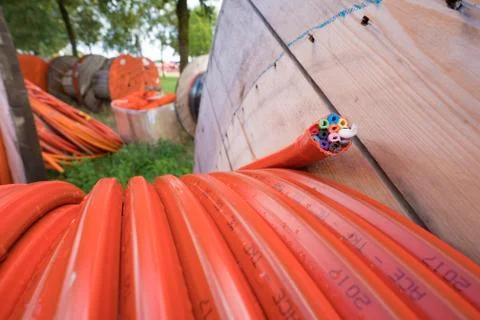 Cable drum with orange cable Stock Photos