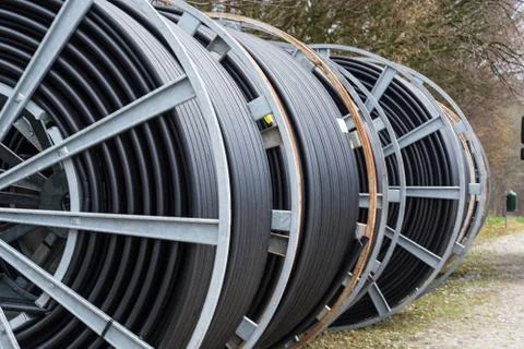 Cable drums with fiber optic cable Stock Photos