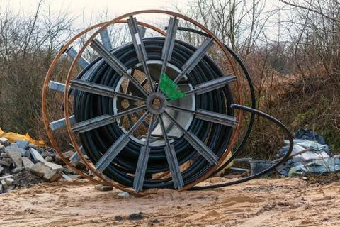 Cable drums with fiber optic cable Stock Photos
