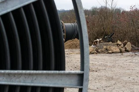 Cable drums with fiber optic cable Steel roller with fiber optic cables fo... Stock Photos