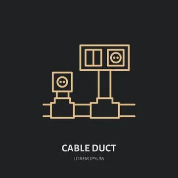Cable duct with power socket and light switch flat line icon. Wiring sign. Thin Stock Illustration