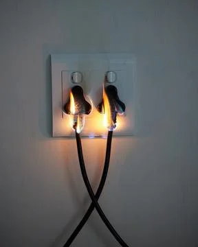 Cable, electricity and fire on wall of home with space for accident, connection Stock-Fotos