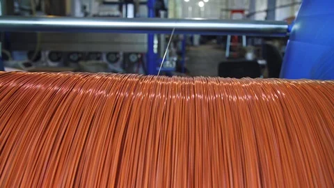 Cable Factory, wide shot of copper spools. 4K Video stock 100040862