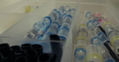 Cable insulators, close-up slider shot of cable insulators for splicing and Stock-Footage 309417840