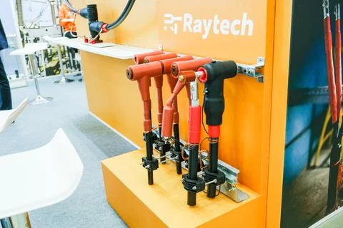 Cable joint displayed on stand at industrial exhibition. Power engineering Fotos de archivo