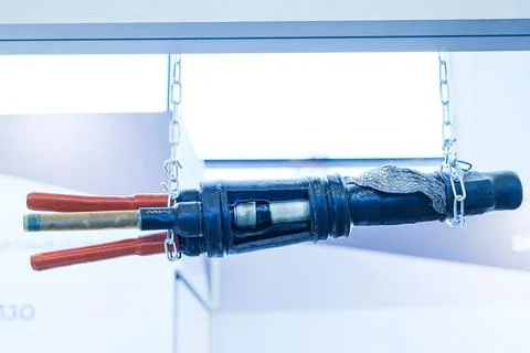 Cable joint with exposed electrical wiring segment hanging on chain. Industri Fotos de archivo