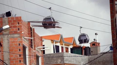 Cable Lift Cabins Passing Over Houses Stock Footage 171655593