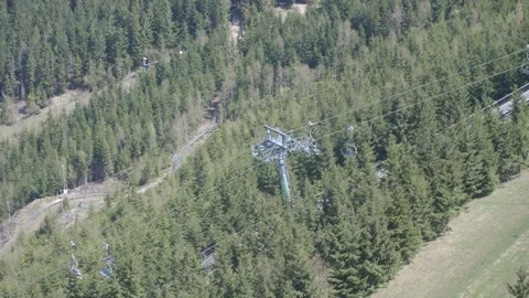 Cable lifts operating, lush green imposing trees, Dolní Morava, aerial Video stock 274627894