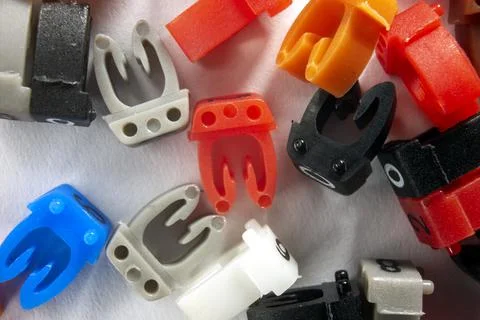 Cable marker number on a white background, close-up plastic elements for mark Stock Photos