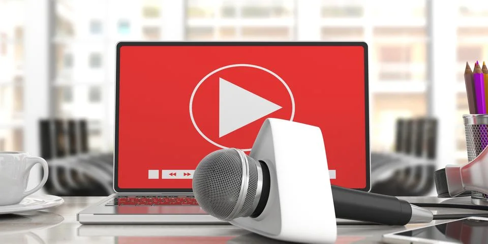 Cable microphone with blank box and a laptop on blur office background. 3d il 스톡 일러스트