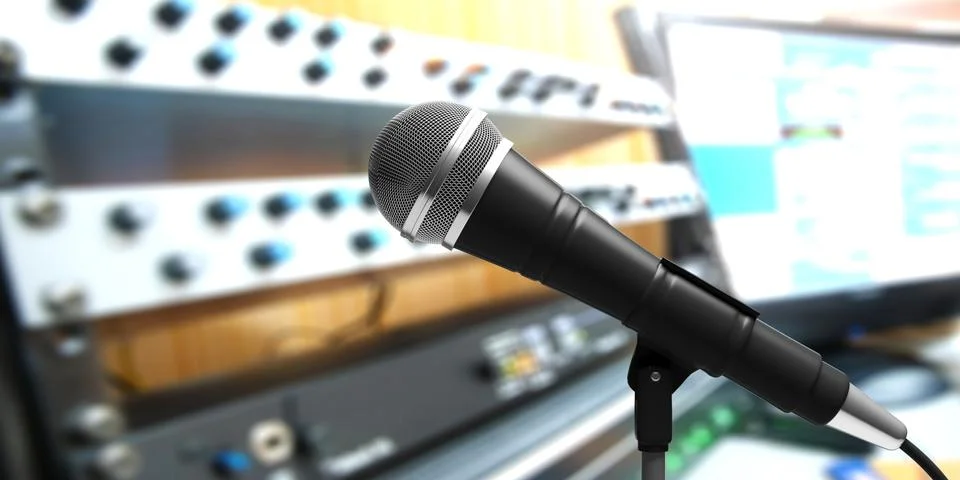 Cable microphone on stand, blur studio background. 3d illustration 스톡 일러스트