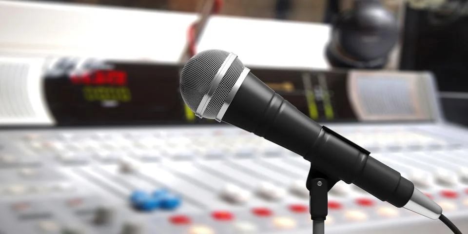 Cable microphone on stand, blur studio background. 3d illustration 스톡 일러스트