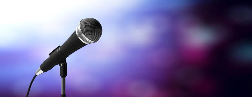 Cable microphone on stand isolated on blue background, banner, copy space. 3d Stock Illustration