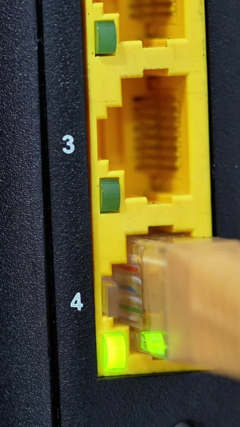 Cable Modem Ethernet LAN Port RJ45 Cable Connected Green LED Light Blinking Stock Footage 335161756