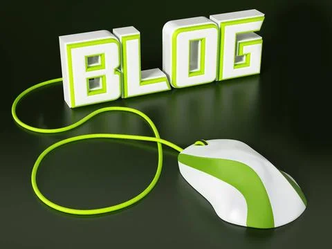 Cable mouse connected to blog text. 3D illustration Cable mouse connected ... 스톡 사진