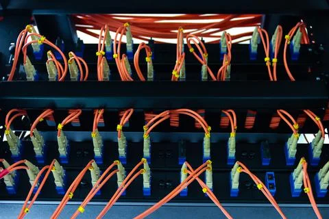 Cable network, fiber optic cable connect to switch port in server room Photos