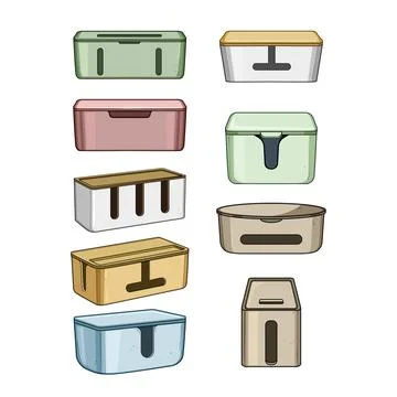Cable organizer boxes managing home electronics clutter Stock Illustration