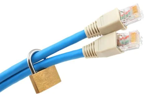 Cable with padlock symbolizes network protection Stock-Fotos
