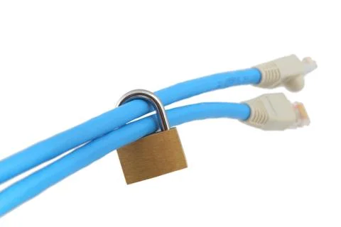 Cable with padlock symbolizes network protection Stock Photos