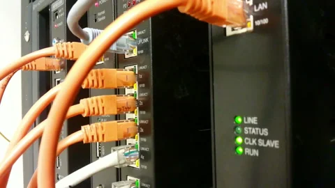 Cable is plugged into a working server equipment Stock Footage 98492370