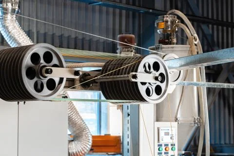 Cable production. Close up of a cable reel Foto stock