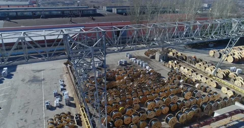 Cable production factory, top view, warehouse of reels with cables near the Stock Footage 155706078