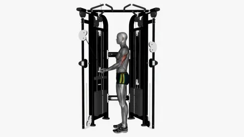 Cable reverse grip triceps push down straight bar exercise fitness workout Video stock 227560171