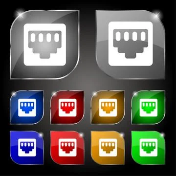 Cable rj45, Patch Cord icon sign. Set of ten colorful buttons with glare. Vec Illustrazione stock